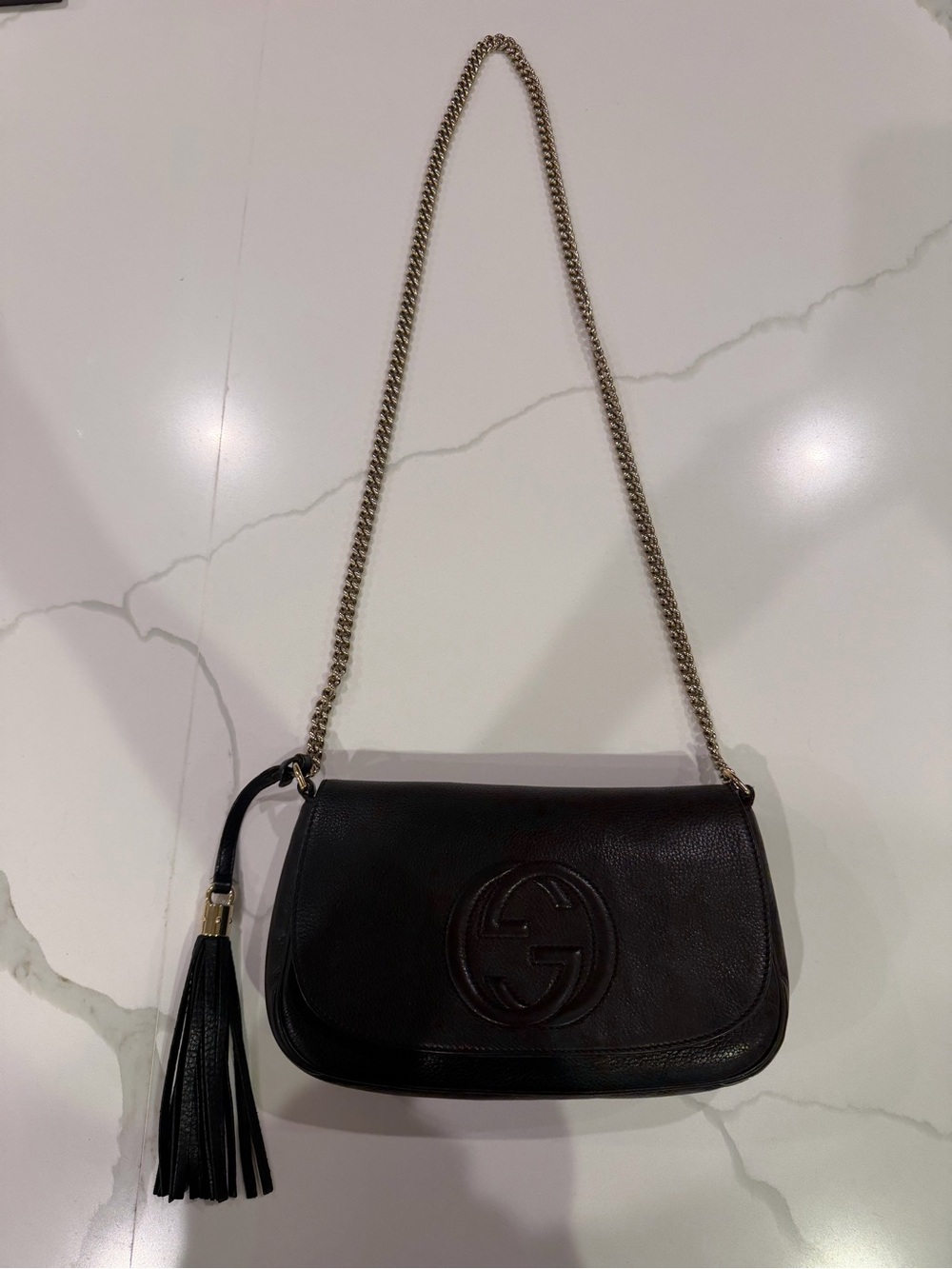 Gucci Black Leather Shoulder Bag with Tassel and Chain Strap